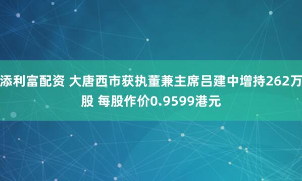 添利富配资 大唐西市获执董兼主席吕建中增持262万股 每股作价0.9599港元